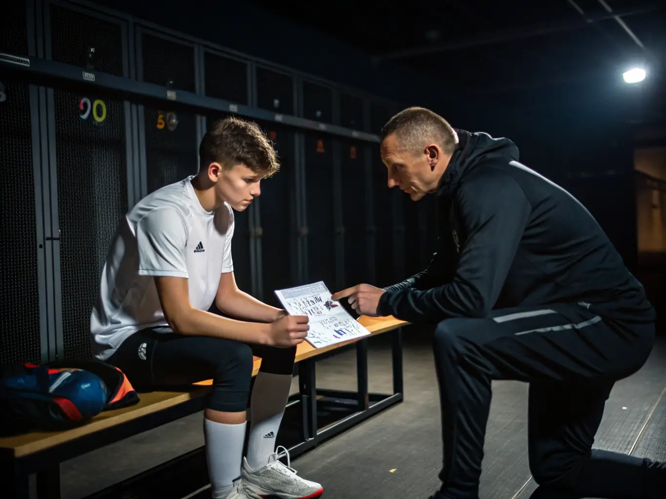 A young athlete receiving encouragement from a coach during a training session, highlighting the personal development and mentorship opportunities within the organization.
