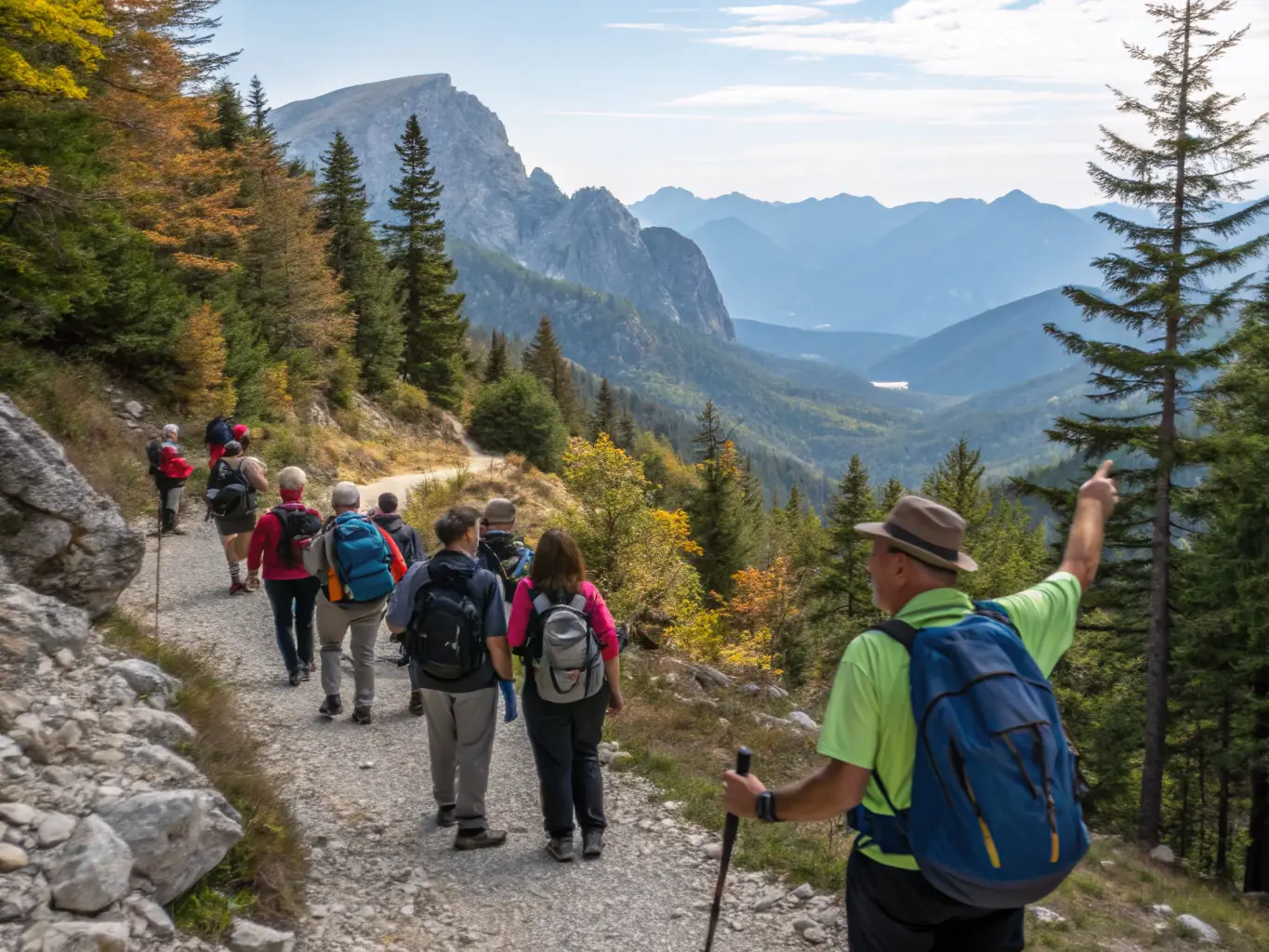 A group of diverse individuals participating in a guided hike through a scenic mountain trail, emphasizing the health and fitness benefits of outdoor activities.