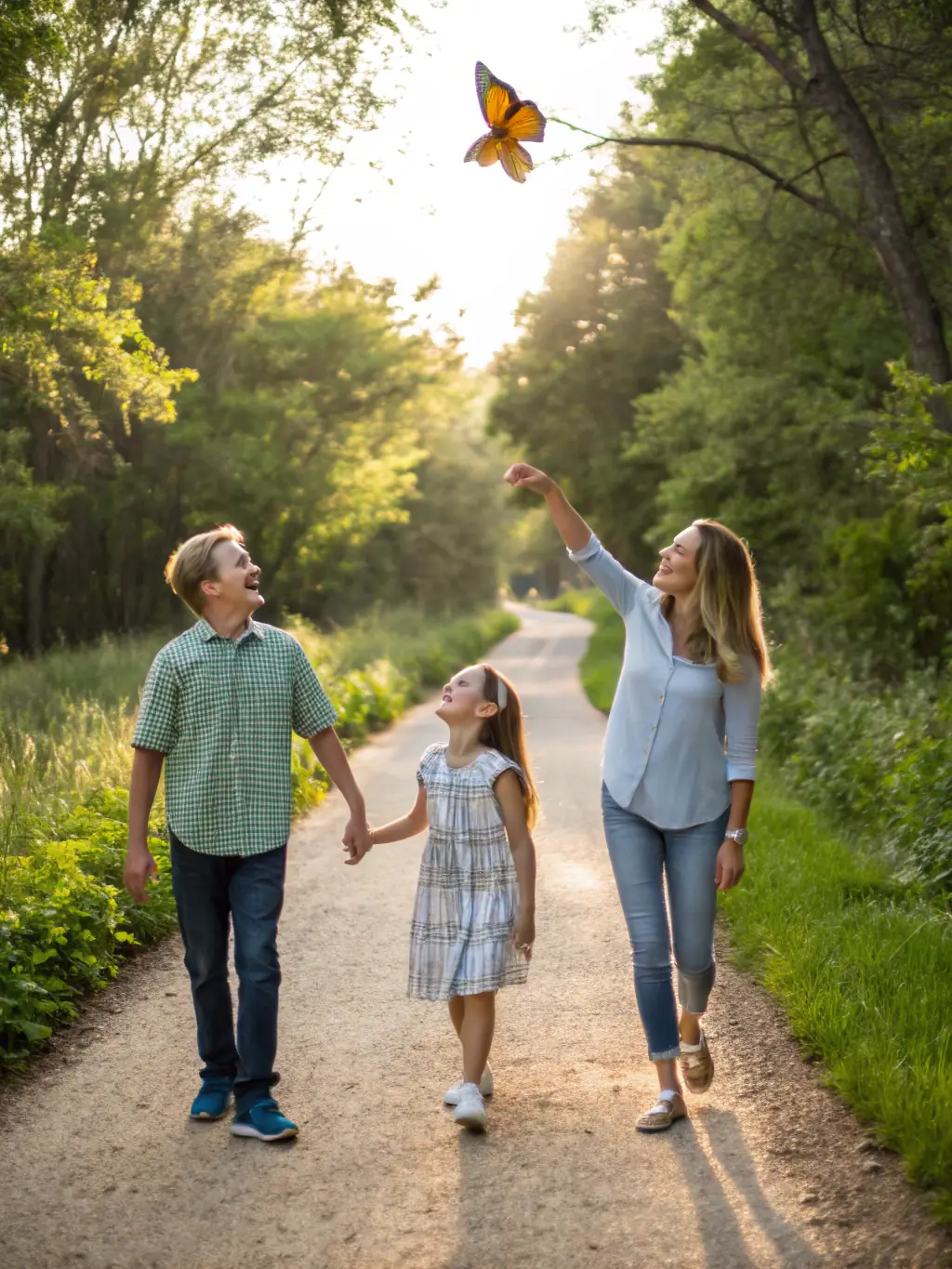 A group of children and adults participating in a guided hike through a scenic mountain trail, with a focus on teamwork and enjoying nature.