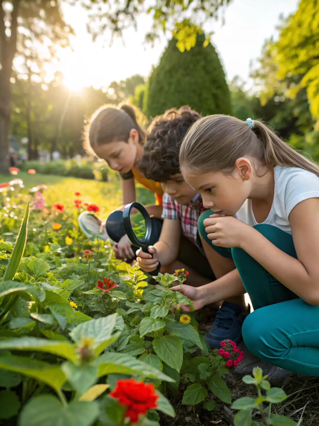 A group of young people learning about local flora and fauna during a nature exploration activity, emphasizing education and environmental awareness.