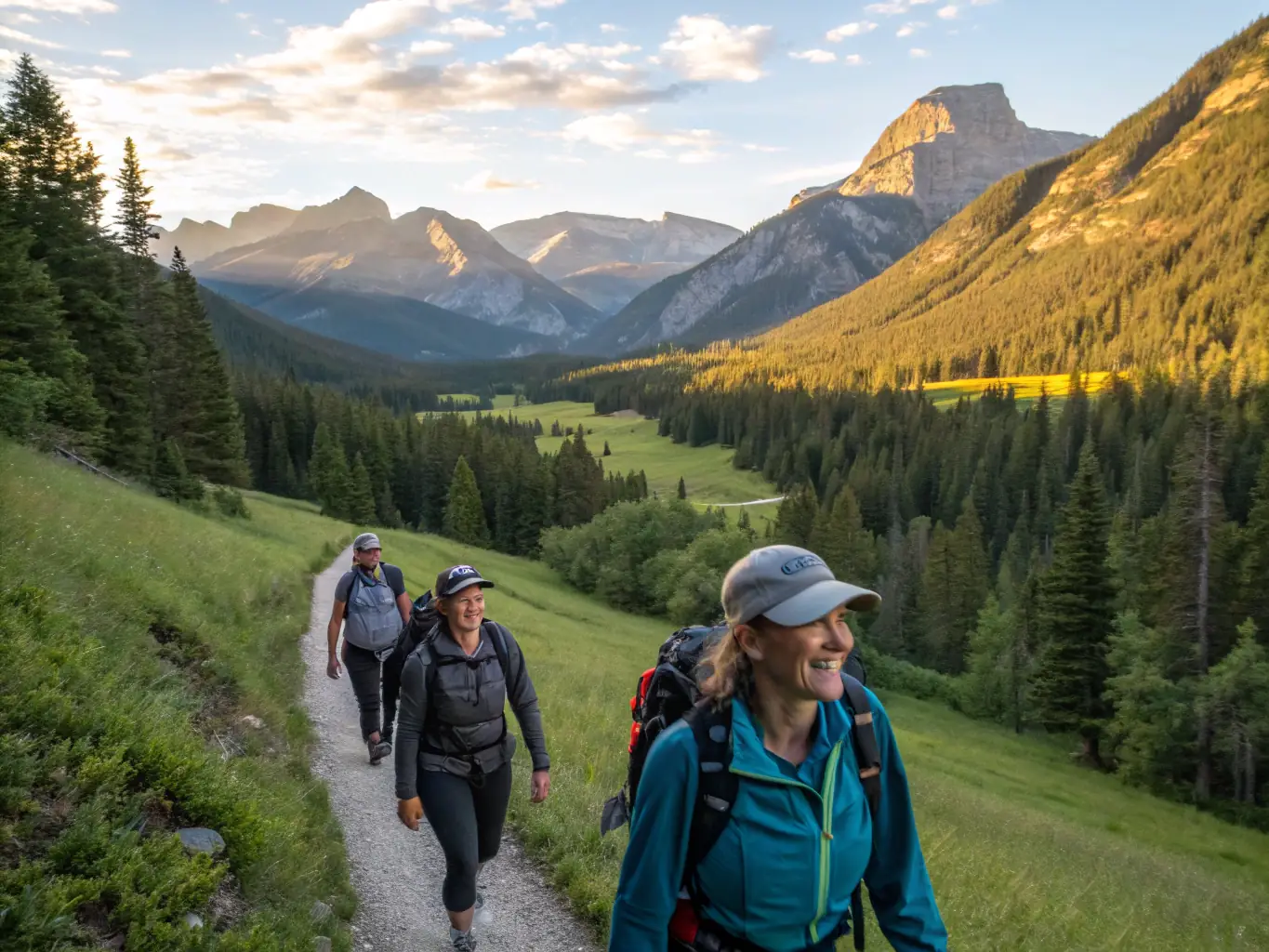 A group of diverse individuals participating in a guided hike through a scenic mountain trail, showcasing teamwork and enjoyment of nature.