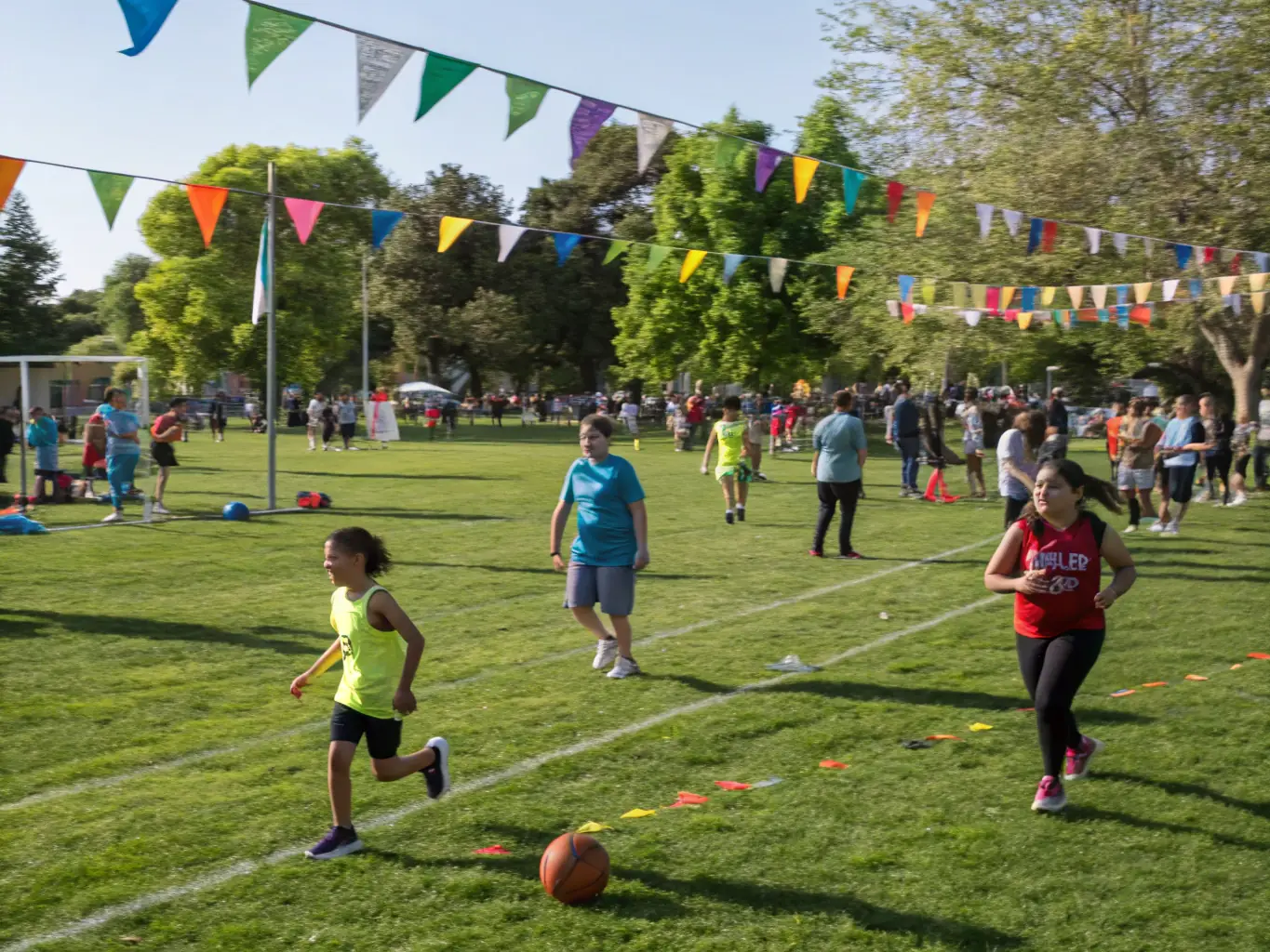 A heartwarming image of people of different ages and backgrounds laughing and interacting during a community sports event, showcasing the social cohesion fostered by the organization.