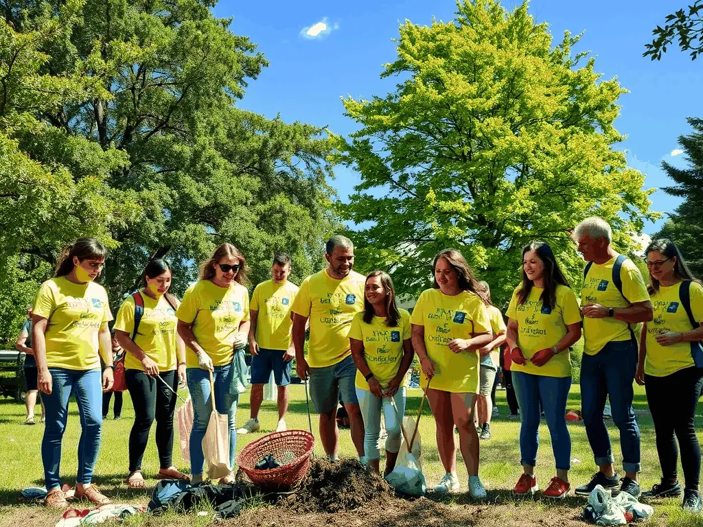 A photograph capturing a group of volunteers cleaning up a local park, highlighting the organization's commitment to environmental stewardship and community involvement.